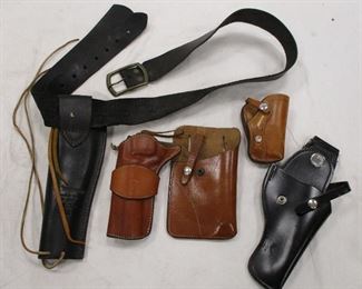 FIVE LEATHER HOLSTERS: GALCO, J.M.BUCHEIMER 1966 U.S., BUCHEIMER 13A-11 COMBAT, TRIPLE K95 7-12 WITH BELT, ONE UNSIGNED