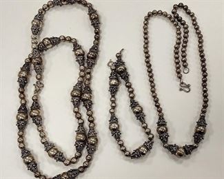 STERLING NECKLACES AND BRACELET. MADE OF BEADS AND FILIGREE SPACERS, STRUNG ON CHAIN. TWO ARE UNMARKED. 3.58 TROY OUNCES 