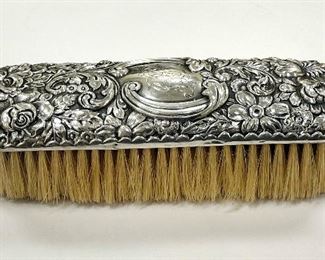 ANTIQUE REPOUSE' STERLING SILVER CLOTHING BRUSH WITH GORHAM HALLMARKS. MONOGRAMMED. 6.75" LONG. FLORAL AND SCROLL PATTERN 