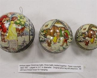 K.S. ADLER 1957 GERMAN NESTED PAPER ORNAMENTS. LARGEST 3.5" DIAMETER. ORIGINAL MEIER FRANK 1.00 PRICE TAG. LOOP THREADS ON EACH FOR HANGING. 