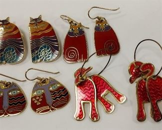 THREE PAIRS OF LAUREL BURCH EARRINGS: CAT FACE, RAINBOW CATS, AND OLIVIA. ONE PAIR OF UNSIGNED 