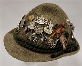 TYROLEAN ROLLBAR HAT MADE IN AUSTRIA. HAS 36 VINTAGE PINS. RETAINS TIROL LABEL. 