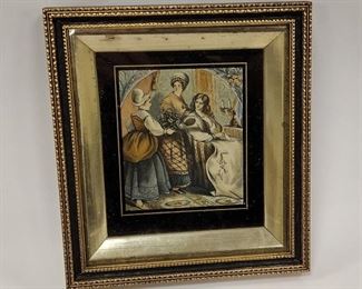 SMALL ETCHING: "BIRTHDAY PRESENT OF MY FLOWERS" FROM A BASKET OF FLOWERS. CA 1850- 1860. ENGRAVER EDMUND EVANS. DISPLAYED UNDER GLASS IN A 6.25" X 7" EARLY 20TH CENTURY FRAME 