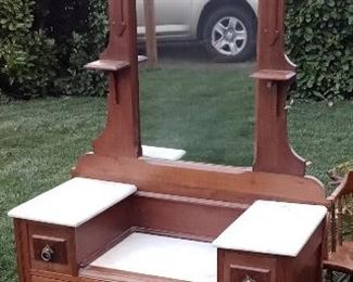 TURN OF THE CENTURY STEP DOWN CHEST WITH MIRROR AND MARBLE TOPS. DOWEL CONSTRUCTED DRAWERS. 3'2" WIDE