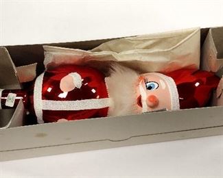 ITALIAN BLOWN GLASS SANTA TREE TOPPER FINIAL WITH PAPER LABEL AND BOX. 10.25" TALL. Some foxing on box 