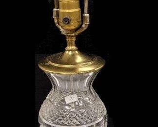 VINTAGE WATERFORD CRYSTAL TABLE LAMP. 21.5" TALL TO THE FINIAL. Condition: metal finish worn on base. Shade needs re-upholstered 