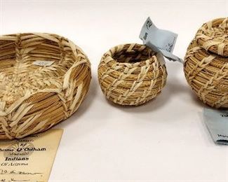 THREE SMALL PAPAGO Tohono O'Oodham BASKETS. HAS ARTIST'S NAME ON EACH TAG. LARGEST 5.25" DIAMETE
