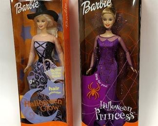 TWO MIB HALLOWEEN BARBIE DOLLS : 2001 HALLOWEEN PRINCES AND 2002 HALLOWEEN GLOW. Wear marks on the clear plastic of one not visible in photo 