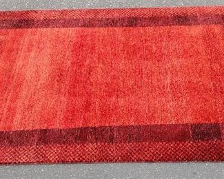 SCANDINAVIAN WOOL RUG. CHECKER PATTERN WITH FOUR SUBTLE GOLD TREES ON EACH CORNER. 7'4" X 4'9". CLEAN 