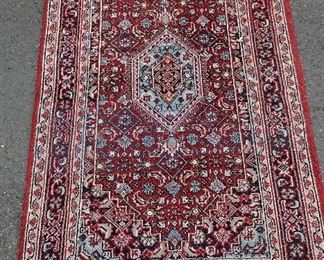 HAND MADE SMALL RUG. WOOL ON COTTON WARP. 5' X 3'1". USED 