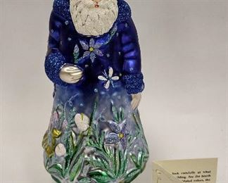PATRICIA BREEN DESIGNS GLASS ORNAMENT "RAINFOREST SANTA" 1998 #9836, SHADED MIDNIGHT BLUE VARIATION. 6.5" TALL 
