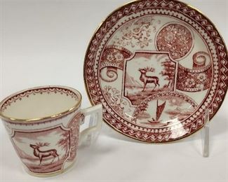 AESTHETIC MOVEMENT RED TRANSFERWARE STAG 750 LOW DISH AND TEACUP. CUP IS 2" TALL.