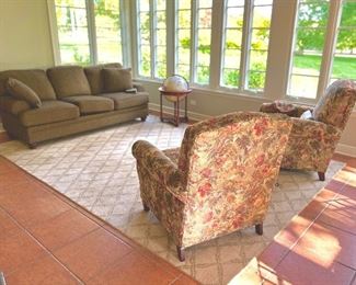 Two Upholstered chairs and a sofa, also by Smith Bros. of Berne, Indiana - very current rug with a popular design.
