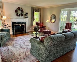 Living Room - Smith Brothers of Berne, IL Upholstered Sofa. Love Seat and Chair/Ottoman  are so very appropriate for the Arboretum, with a leaf pattern.  