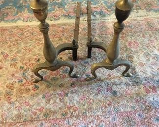 Pair Of Brass Chippendale Andirons. Kerman Runner & Rug