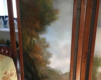 Barbizon painted screen in triptych form art nouveau frame