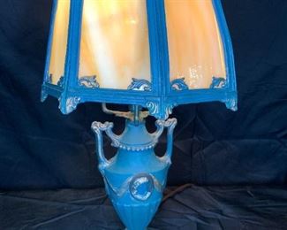 Bradley & Hubbard School Blue Slag Glass Lamp
