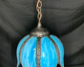 Vintage Blue Slag Glass Tulip Swag Hanging Lamp
