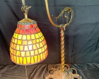 Antique Brass Adjustable Leaded Glass Lamp