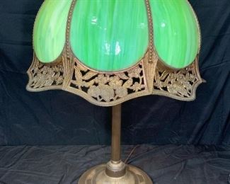 Curved Panel Green Slag Glass & Ornate Shade