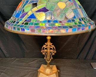 Blue & Floral Ornate Leaded Glass Shade