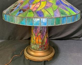 Colorful Leaded Glass Lampshade & Lighted Base