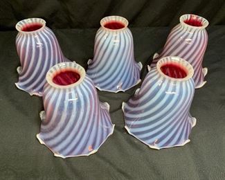5 Antique Glass Cranberry & White Swirl Shades