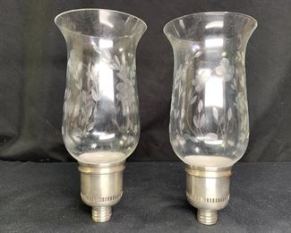 Pair of etched glass & sterling hurricane sconces
