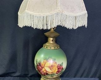 Painted Roses Glass Globe w/Brass Base Lamp
