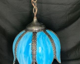 Vintage Blue Slag Glass Tulip Swag Hanging Lamp
