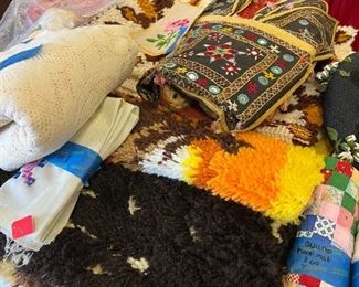 Latch hook, tablecloth, quilt 