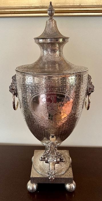Sterling Silver  ~~~ MONUMENTAL - GEORGE III Hot Water Samovar possibly C. WRIGHT London  1777- Grecian Shape with all over ‘EYE MOTIFS’ Lion Head Handles + 2 Coat of Arms also stamped with a cartouche mark. 