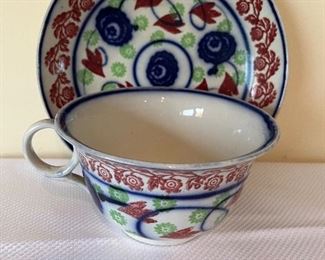 Vintage RARE Gaudy Welsh Flow Blue Ironstone Handled MUSH MUG & saucer