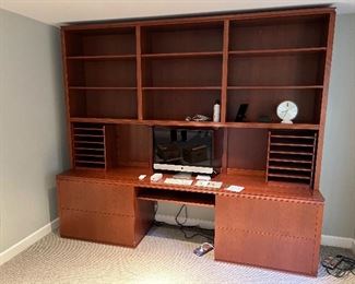 Hardwood Artisans Large wall unit desk with 4 filing cabinets and 6 pod shelving units