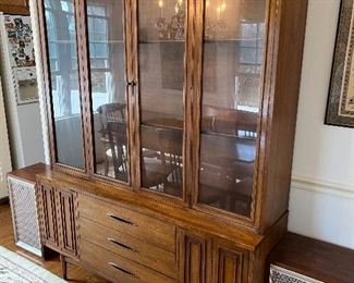 Broyhill Sculptra Walnut MCM China Cabinet - (2pc)              Lower Hutch - 58"W x 17"D x 28-1/2"H                                           Top Display Cabinet - 58"W x 77"H x 13"D