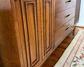 Broyhill Sculptra Walnut MCM China Cabinet - (2pc)              Lower Hutch - 58"W x 17"D x 28-1/2"H                                           Top Display Cabinet - 58"W x 77"H x 13"D