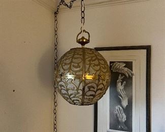 MCM pierced brass globe pendant swag hanging lamp