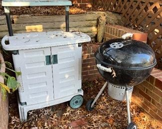 Outdoor rolling work chest and Weber charcoal grill
