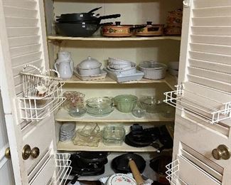 Pyrex, pots, pans, utensils and other kitchenware