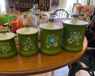 Vintage Kroger green daisy aluminum 1970s canister set