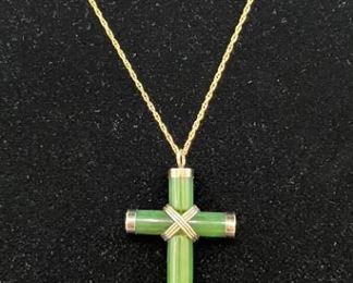 Jade Cross Pendant 12k Gold Necklace