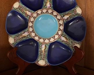 Antique Minton porcelain oyster plate - mid 19th century.
Minton Majolica oyster plate which features six shell-shaped wells surrounded by seashells. Cobalt blue ground version. Colouration: cobalt blue, turquoise, cream, are predominant. Excellent condition!