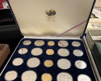 Full collection of .999 pure silver and .999 gold Olympic coins from Seoul Olympics in 1988. In addition to this presentation box, all of the individual boxes are also available.