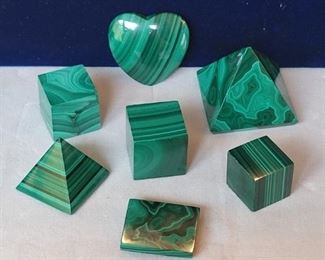 7 Polished Malachites Cubes, Heart, Pyramids, Footed Tray