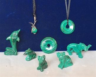 8 Malachite Polished Sculptures, Incl. Two 12in Necklaces
