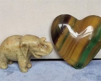 Agate Moss Polished Heart, Vintage Handcarved Natural Stone Elephant, 4.4 oz Total Weight