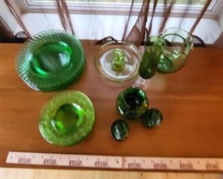 GREEN DEPRESSION DISHES, VASES AND DECOR