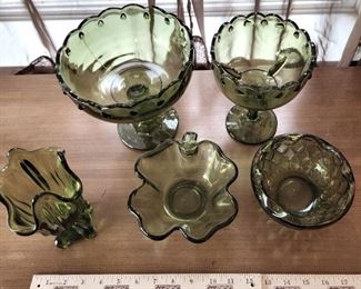 Green Glassware Lot 2 Green Pedestal Bowls, Vase and Candy Dishes