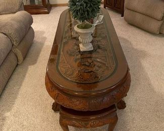 Vintage Chinese Carved Coffee Table with 6 Nesting Stools