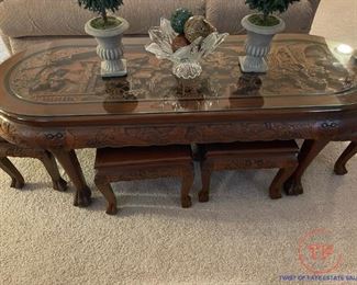 Vintage Chinese Carved Coffee Table with 6 Nesting Stools